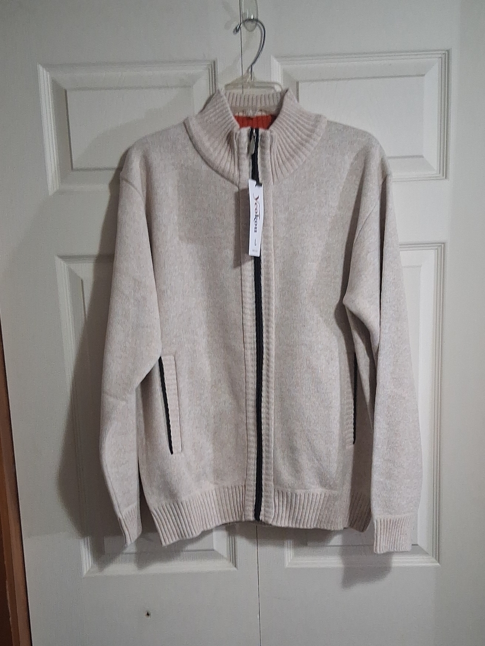 Wool Cashmere Full-Zip Knit Cardigan Sweater - Black Trim - Stand Up Collar - L